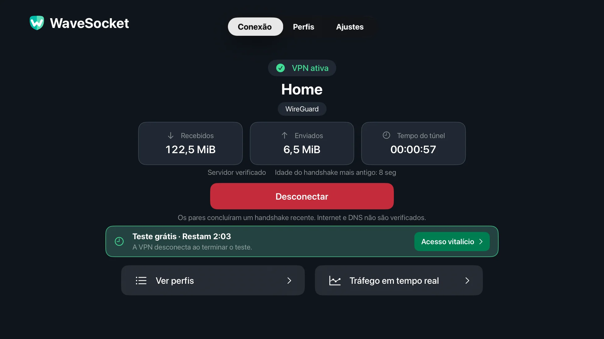 Tela de conexão do WaveSocket: perfil inicial, status do VPN, verificação de pares, totais de transferência e desconexão.