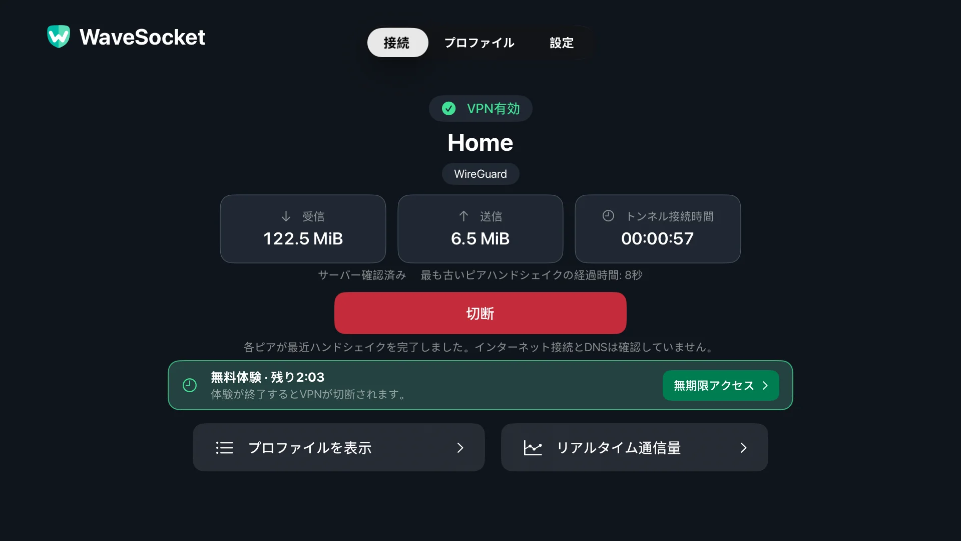 WaveSocket 接続画面: ホーム プロファイル、VPN ステータス、ピア検証、転送合計、および切断。