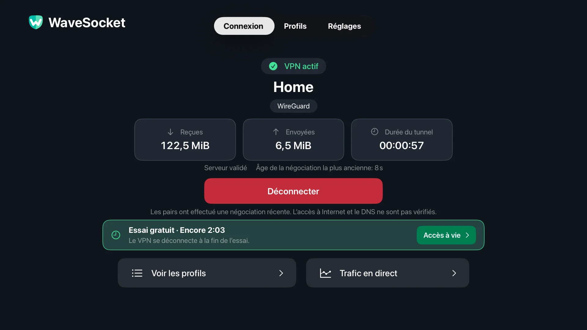 Écran Connexion de WaveSocket : profil Domicile, état du VPN, vérification du serveur, totaux des transferts et bouton Déconnecter.