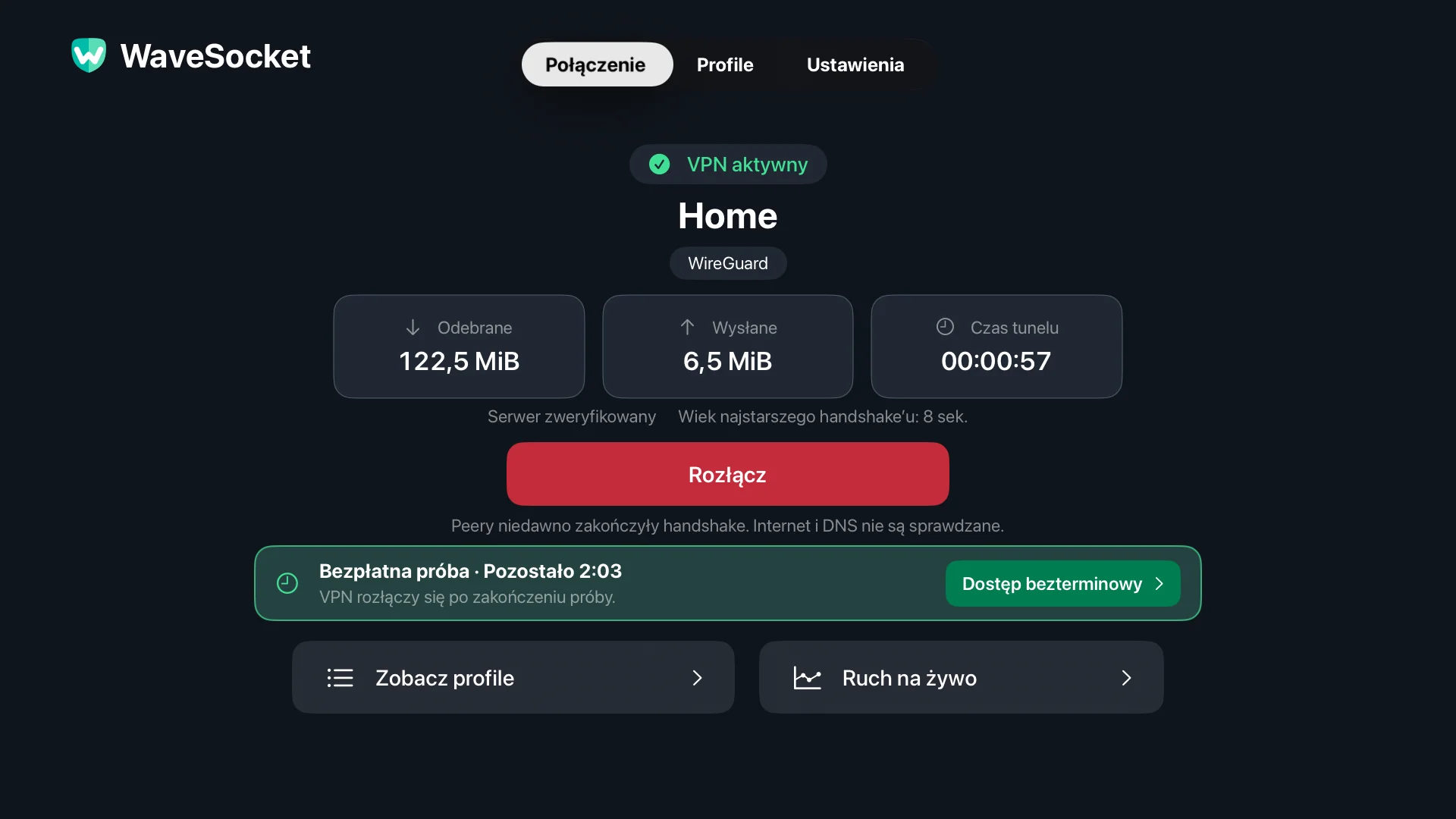 Ekran połączenia WaveSocket: profil domowy, status VPN, weryfikacja równorzędna, suma transferów i rozłączenie.