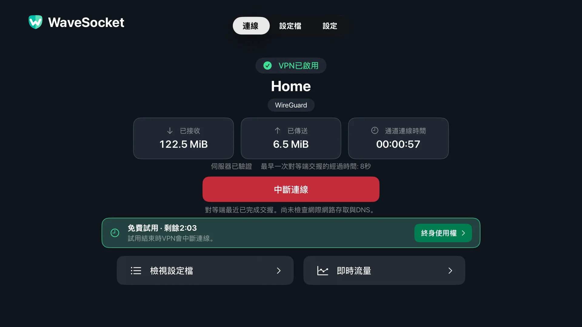 WaveSocket 連線畫面:主頁設定檔、VPN 狀態、對等驗證、傳輸總數和斷開連線。