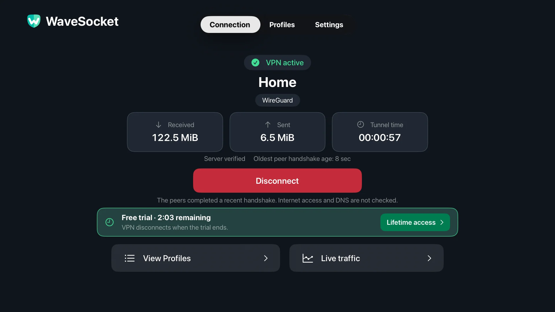WaveSocket Connection screen: Home profile, VPN status, peer verification, transfer totals and Disconnect.
