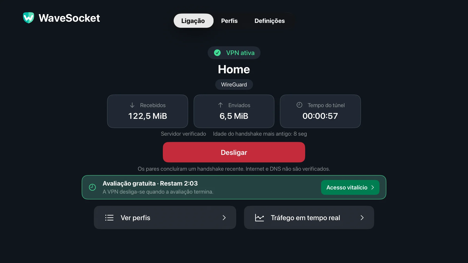 Ecrã de ligação do WaveSocket: perfil inicial, estado do VPN, verificação de pares, totais de transferência e desligação.