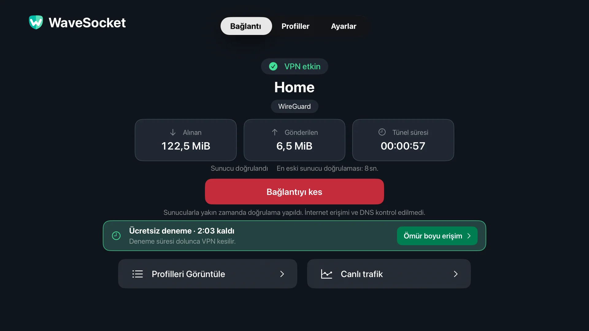 WaveSocket Bağlantı ekranı: Ev profili, VPN durumu, sunucu doğrulaması, aktarılan veri toplamları ve Bağlantıyı Kes düğmesi.