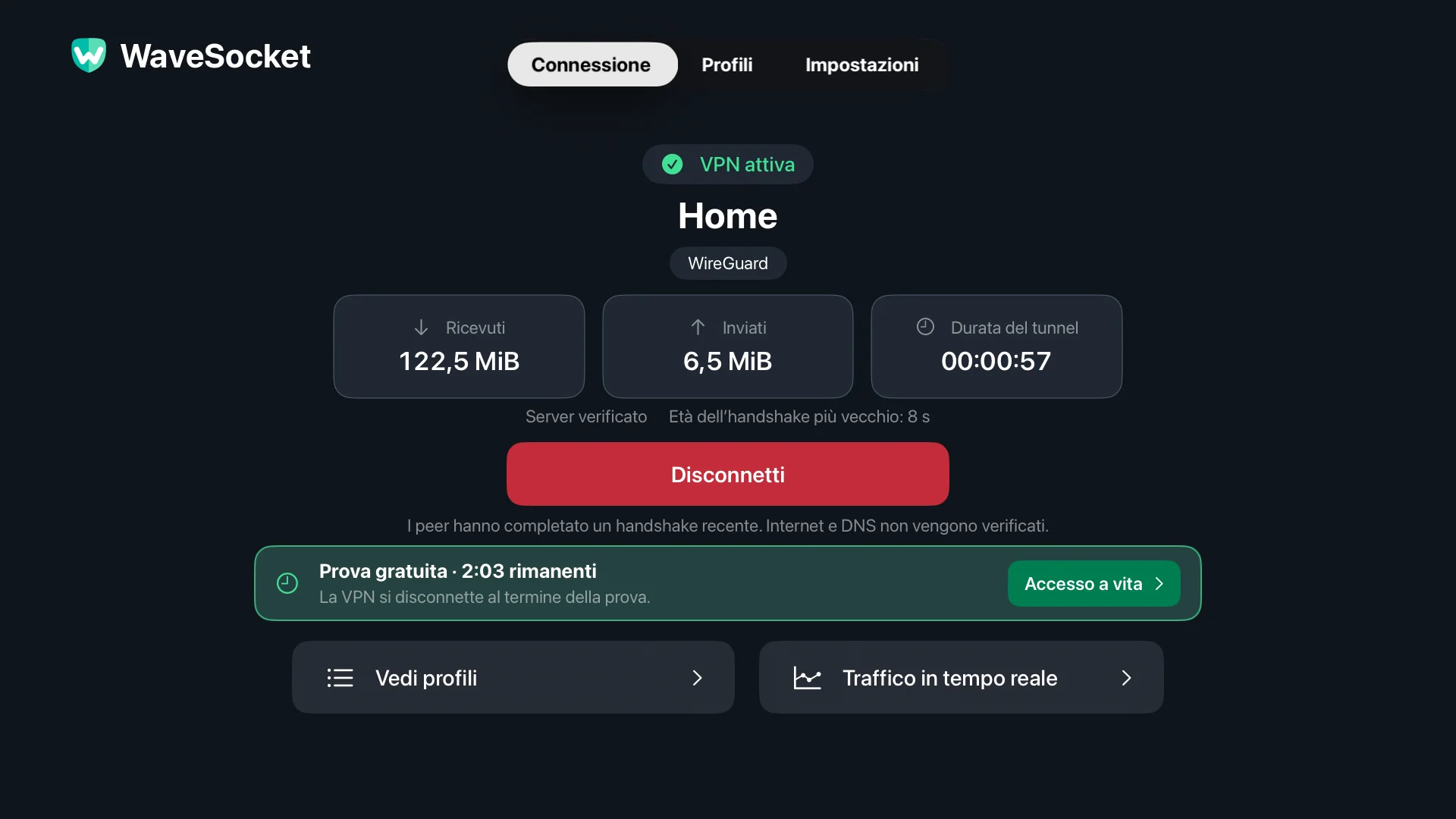 Schermata di connessione di WaveSocket: profilo Home, stato di VPN, verifica peer, totali di trasferimento e disconnessione.