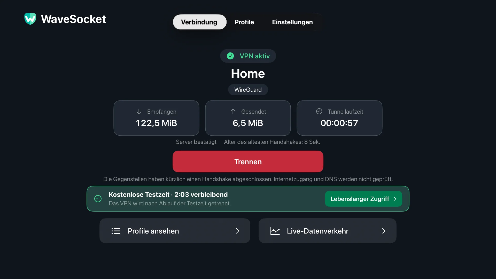 WaveSocket-Verbindungsbildschirm: Home-Profil, VPN-Status, Peer-Verifizierung, Übertragungssummen und Verbindung trennen.