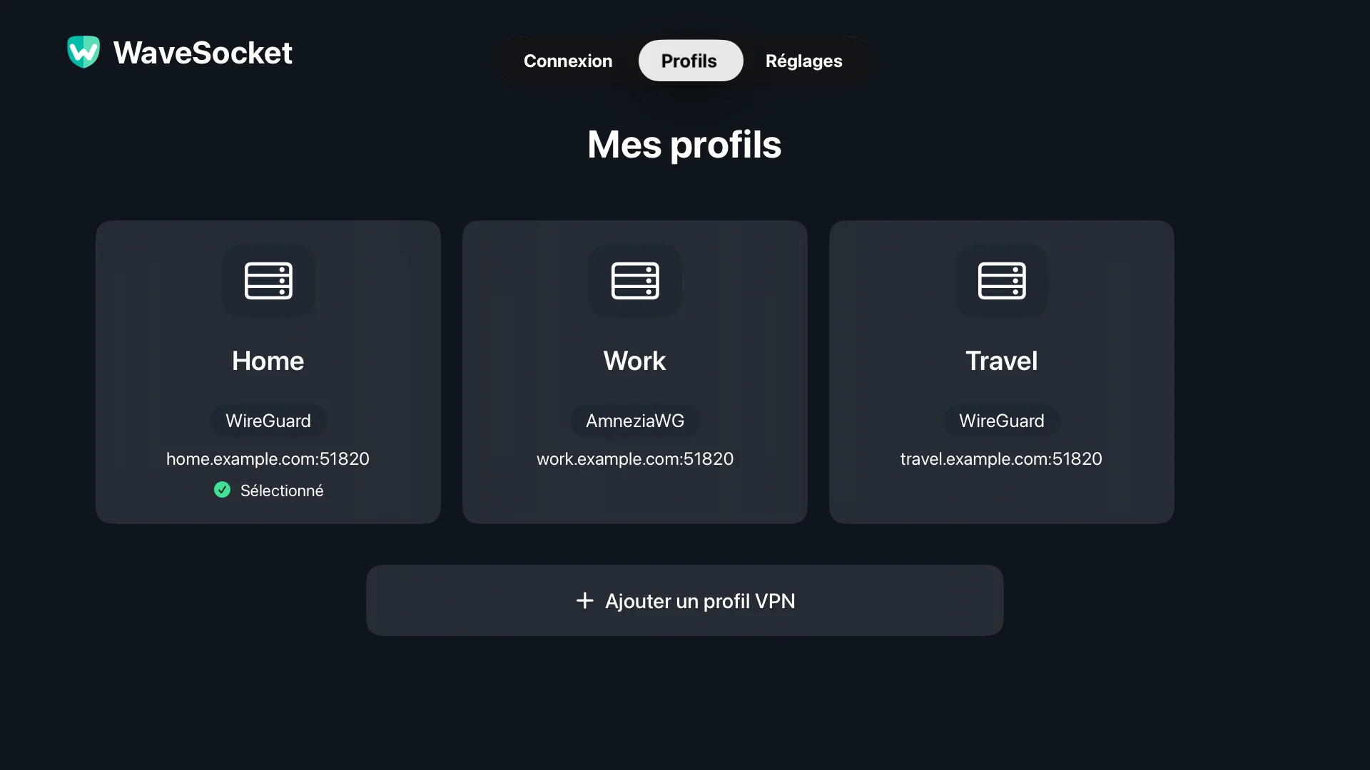 Configurations Domicile, Travail et Voyage dans l'écran Profils WaveSocket.