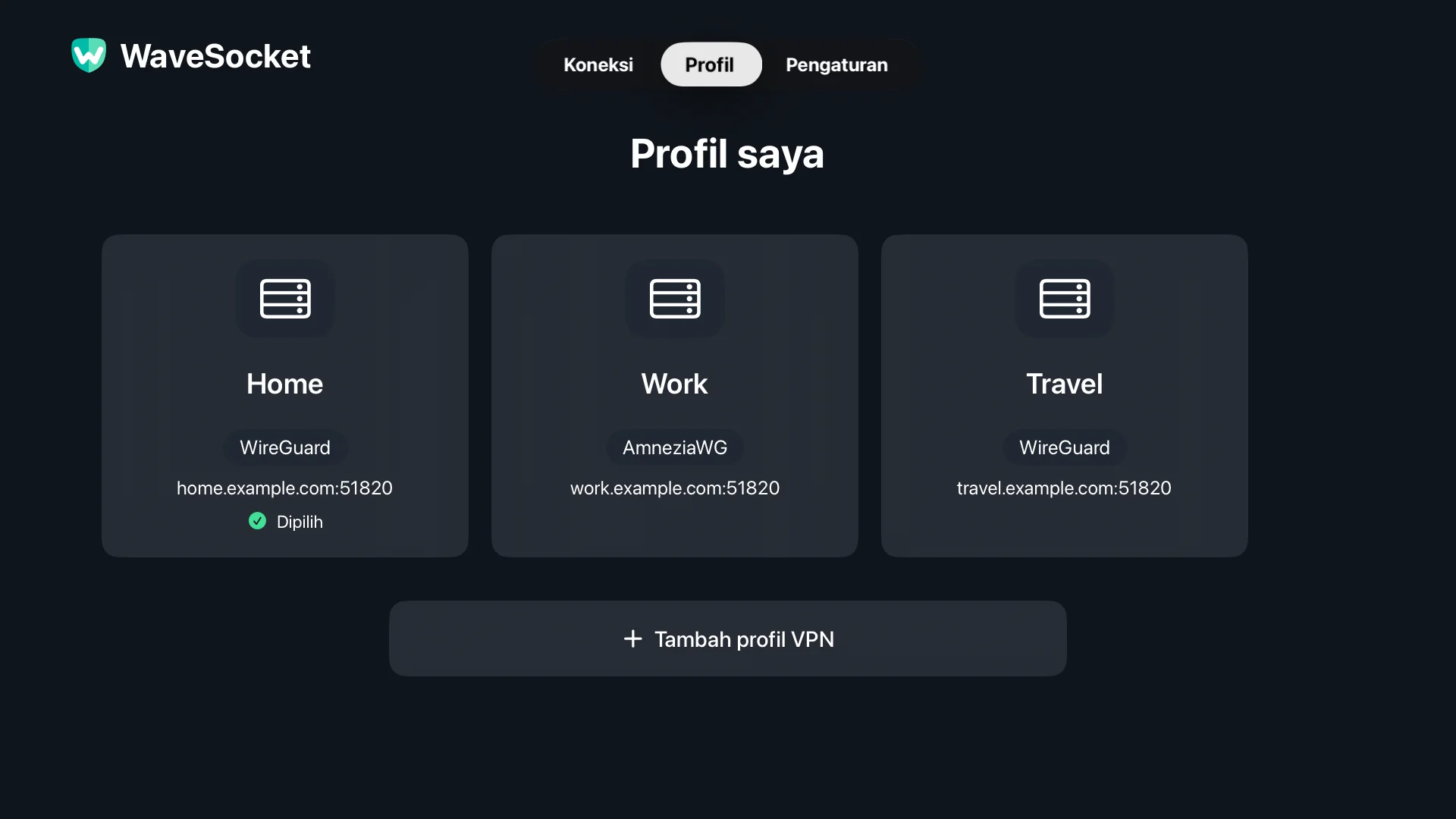 Konfigurasi Rumah, Kantor, dan Perjalanan di layar Profil WaveSocket.