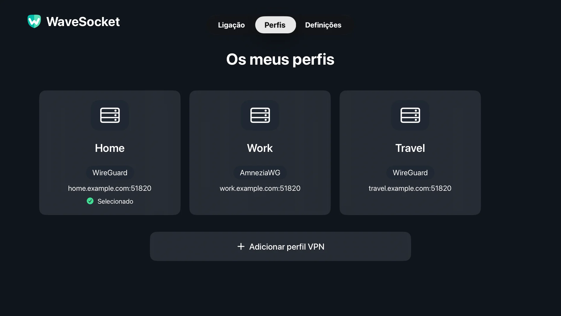 Definições de casa, trabalho e viagem no ecrã Perfis WaveSocket.