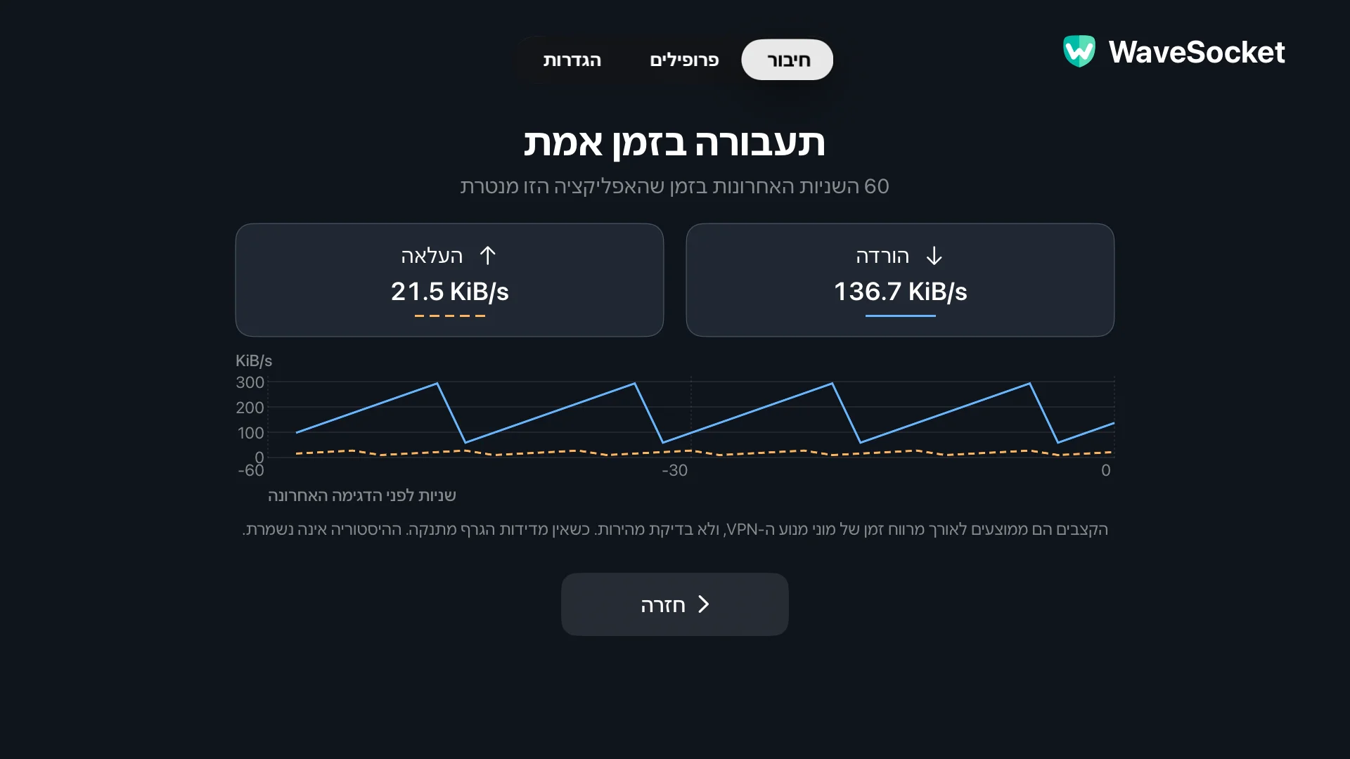 מסך תנועה חי של WaveSocket מציג גרפים נפרדים של הורדה והעלאה במהלך 60 השניות האחרונות.